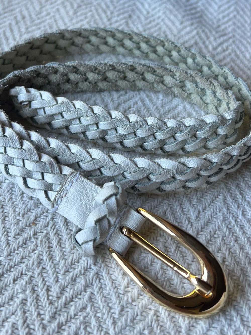 Vintage Genuine Leather Woven  Belt with Gold Buckle - White